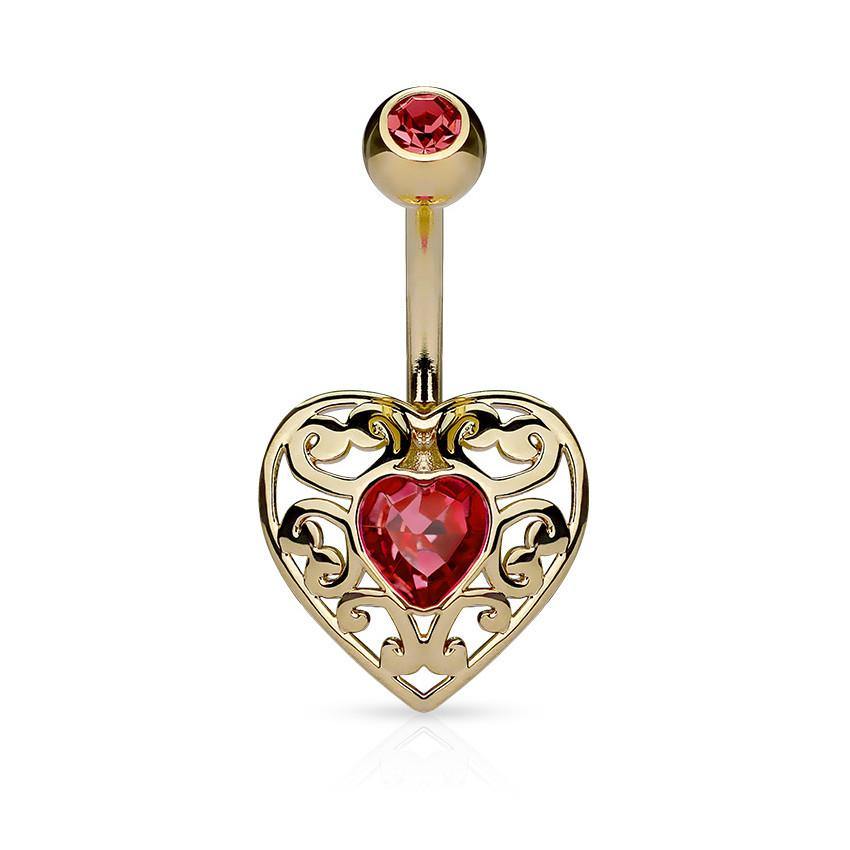 Filigree Heart CZ Belly Ring Belly Ring 14g - 3/8" long (10mm) Gold / Red