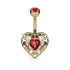 Filigree Heart CZ Belly Ring Belly Ring 14g - 3/8" long (10mm) Gold / Red