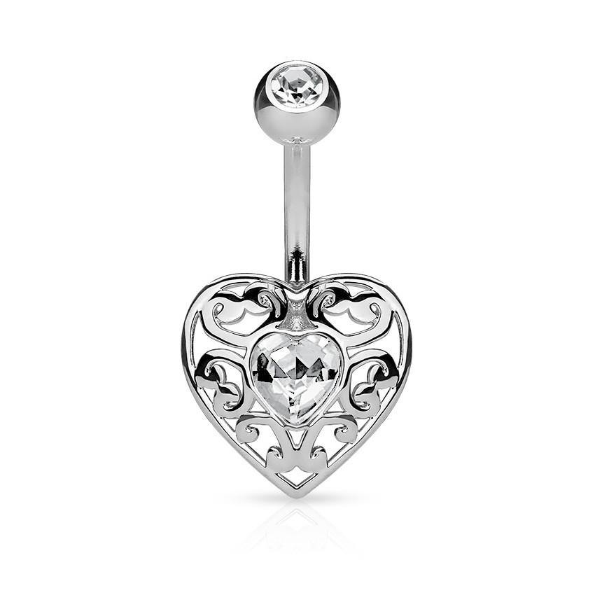 Filigree Heart CZ Belly Ring Belly Ring 14g - 3/8" long (10mm) Stainless Steel / Clear