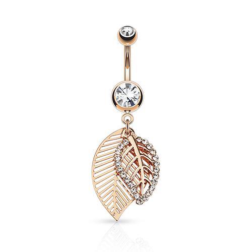 Leaf CZ Belly Dangle Belly Ring 14g - 3/8" long (10mm) Rose Gold Plated