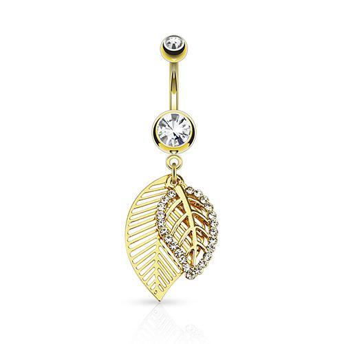 Leaf CZ Belly Dangle Belly Ring 14g - 3/8" long (10mm) Gold Plated