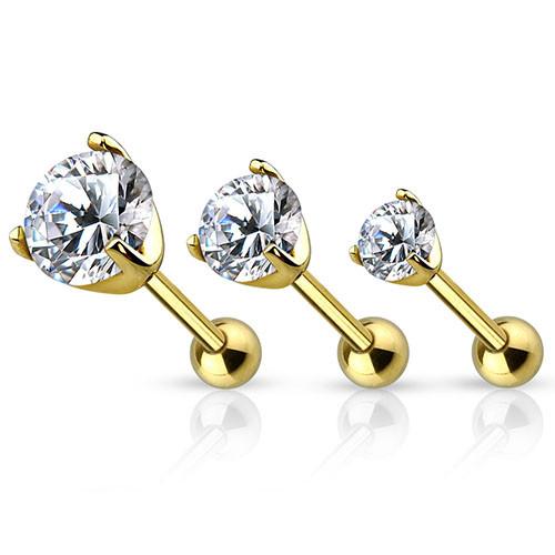 CZ Yellow 14k Gold Cartilage Barbell Cartilage 16g - 1/4" long (6mm) - 3mm cz Clear