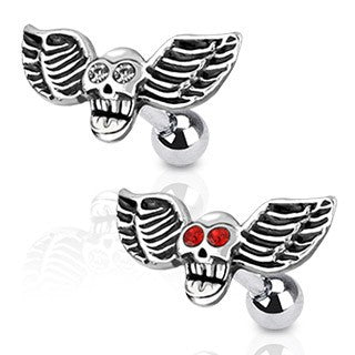 Winged CZ Skull Cartilage Barbell Cartilage 16g - 1/4" long (6mm) Clear