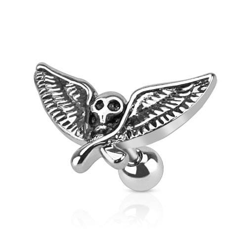 Winged Skull Cartilage Barbell Cartilage 16g - 1/4" long (6mm) Stainless Steel