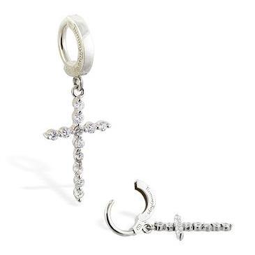 CZ Cross Drop by TummyToys Belly Ring 14g - 3/8" wearable length Sterling Silver