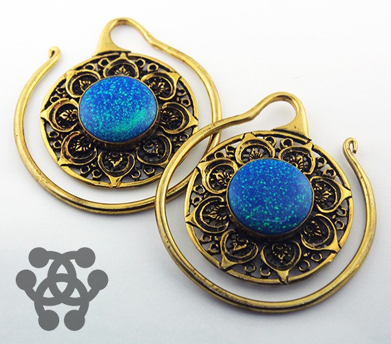 Blue Opal Mandala Hoops by Oracle Body Jewelry Ear Weights 8 gauge (3mm) Yellow Brass