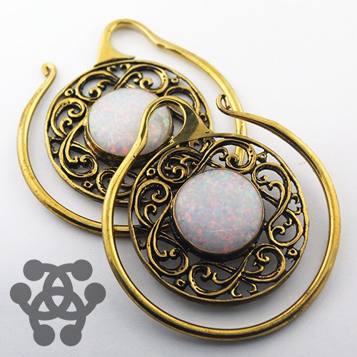 White Opal Celtic Hoops by Oracle Body Jewelry Ear Weights 8 gauge (3mm) Yellow Brass