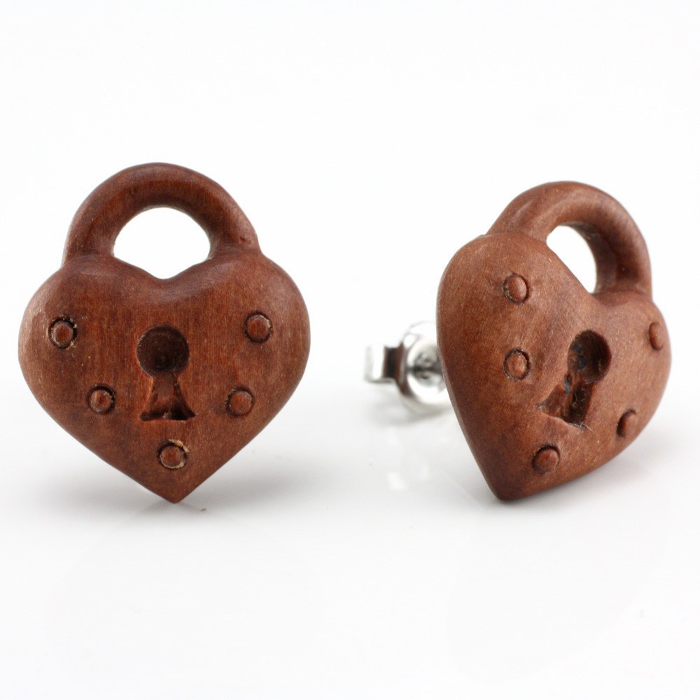 Heart Lock Stud Earrings by Urban Star Organics Earrings 20 gauge Sabo Wood