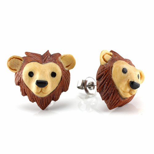 Lion Moji Stud Earrings by Urban Star Organics Earrings 20 gauge Sabo Wood