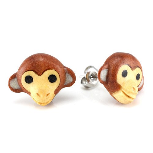 Monkey Moji Stud Earrings by Urban Star Organics Earrings 20 gauge Sabo Wood