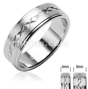 Stainless Brushed X-cuts Ring Finger Rings Size 5 (6mm wide) Stainless Steel