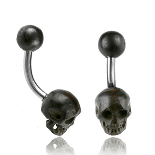 Skull Carved Horn Belly Barbell Belly Ring 14g - 3/8" long (10mm) Black