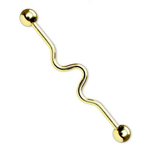 14g Wavy Gold Industrial Barbell Industrials 14g - 1-1/2" long (38mm) - 5mm balls Gold Plated