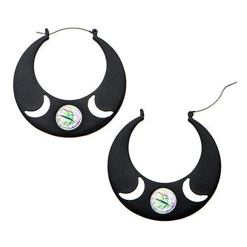 Black Moons & Opal Tunnel Hoops Earrings 20 gauge Black