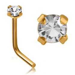 Prong CZ Gold L-Bend Nose Stud Nose 18g - 1/4" wearable (6.5mm) 2.0mm Clear CZ