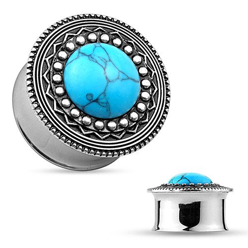 Antique Silver & Turquoise Shield Plugs Plugs 2 gauge (6mm) Stainless Steel