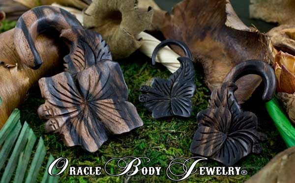 Ebony Hibiscus Hangers by Oracle Body Jewelry Plugs 4 gauge (5mm) Ebony Wood