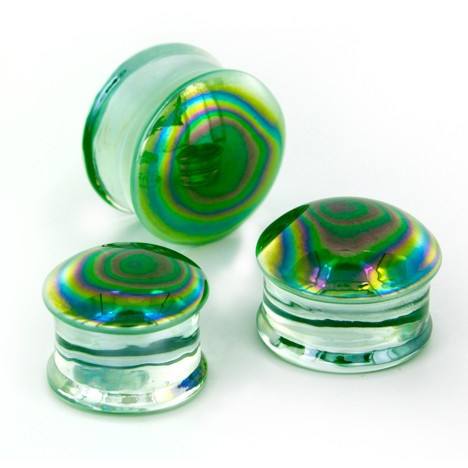 Green Oil Slick Glass Plugs Plugs 8mm ~ 0 gauge Green