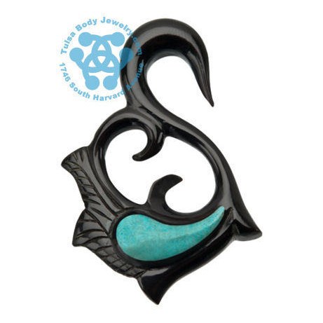 Horn Swan Hooks with Crushed Turquoise Inlay Plugs Pair 10 gauge (2.5mm)