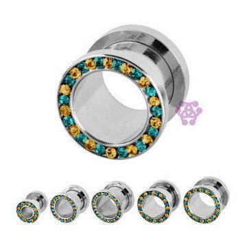 Blue & Yellow CZ Screw-On Tunnels Plugs 2 gauge (6mm) Stainless Steel