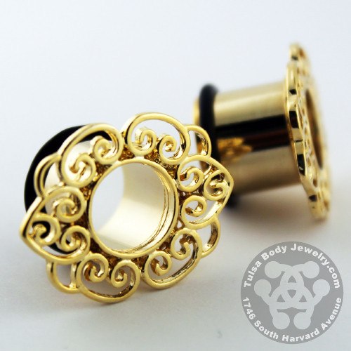 Filigree Gold Tunnels Plugs 5/8 inch (16mm) Gold Plated