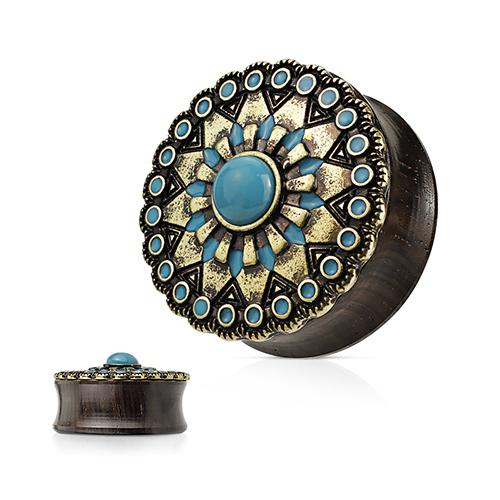 Turquoise Enamel Sun Shield Plugs Plugs 9/16 inch (14mm) Dark Wood & Brass