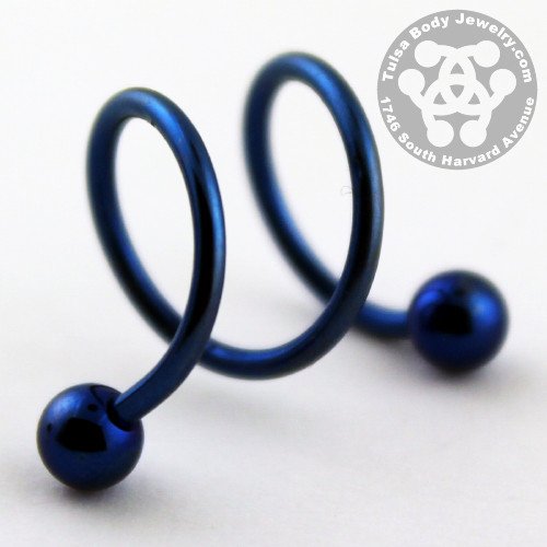 16g Double PVD Coated Spiral Barbell Spiral Barbells 16g - 3/8" diameter (10mm) - 4mm balls Blue
